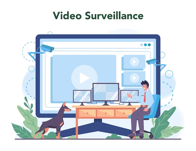 Free Vector security guard online service or platform surveillance and ptrotection idea bodyguard guiding a client for safety video surveillance vector flat illustration