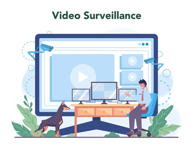 Security guard online service or platform Surveillance and ptrotection idea Bodyguard guiding a client for safety Video surveillance Vector flat illustration