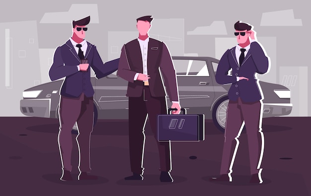 Security service flat composition with businessman getting out of limousine surrounded by two bodyguards