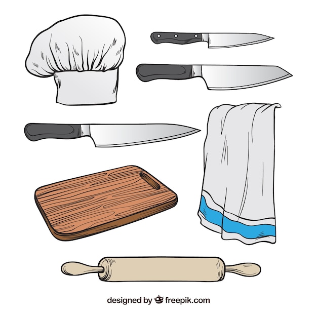 Free vector selection of chef elements in hand-drawn style