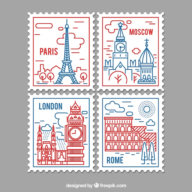 Selection of city stamps in linear style