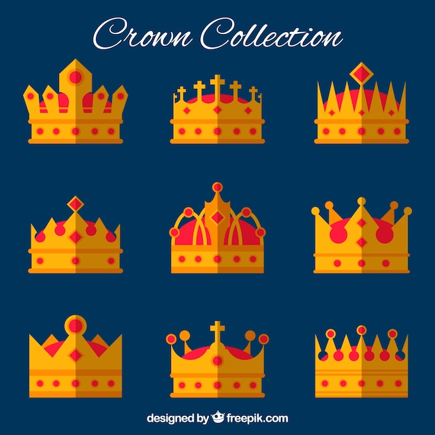 Selection of crowns with red gems in flat design