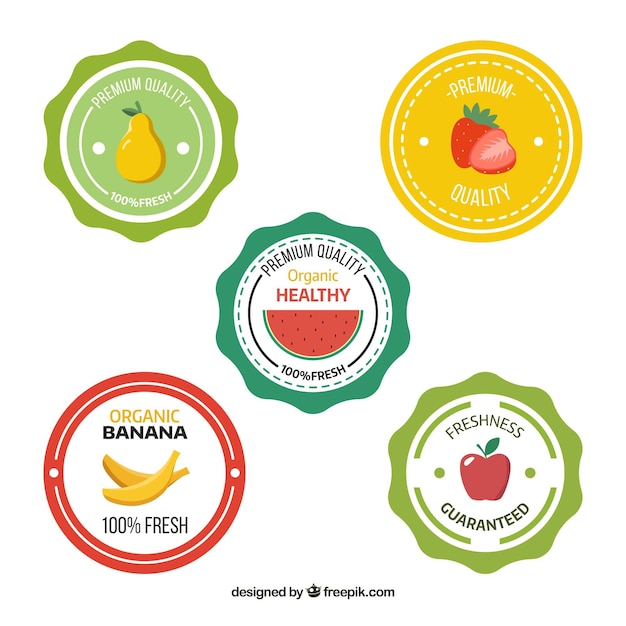 Selection of five round labels with flat fruits