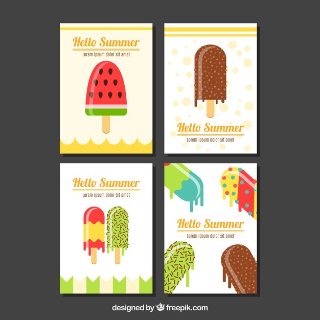 Selection of flat cards with tasty ice creams