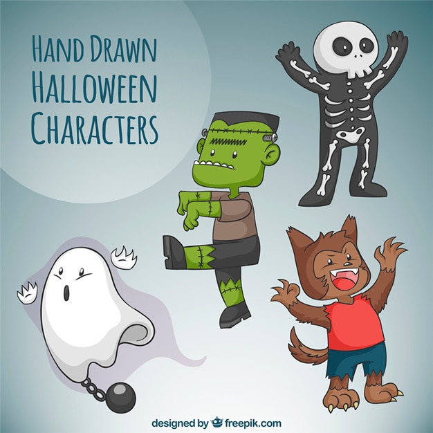 Free Vector selection of hand-drawn characters with halloween costumes