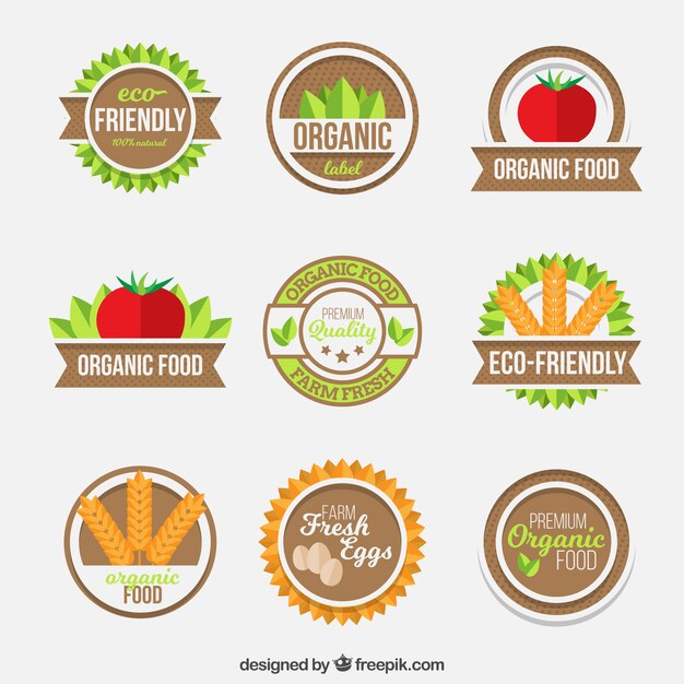 Selection of round labels with organic food