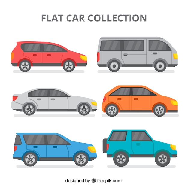 Selection of six colored cars in flat design