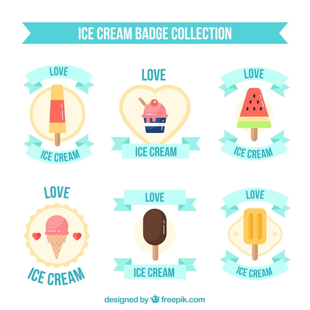 Selection of six ice cream badges in flat design