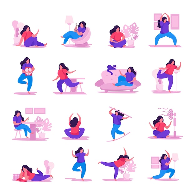 Free Vector self care concept flat icon set with different types of rest yoga chill coffee time lotus pose vector illustration