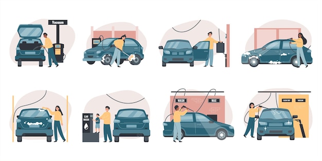 Free Vector self service car wash flat set of isolated compositions with views of owners cleaning their vehicles vector illustration