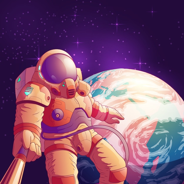 Selfie in outer space cartoon illustration with astronaut in futuristic space suit 