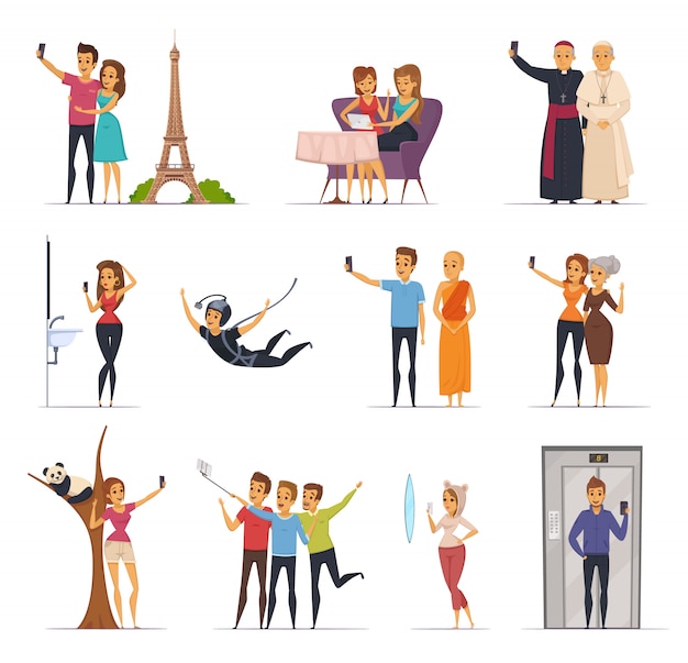 Selfie and people icons set with travel symbols flat isolated vector illustration 