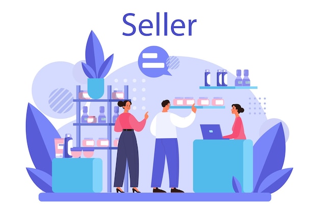 Seller concept Professional worker in the supermarket shop store Stocktacking merchandising cash accounting and calculations Client service payment operation Vector illustration