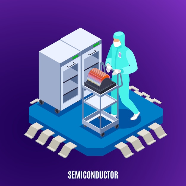 Free Vector semicondoctor isometric concept with technology and laboratory uniform symbols  