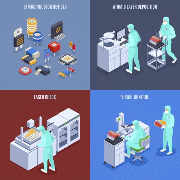 Semicondoctor production concept icons set with laser check symbols isometric isolated 