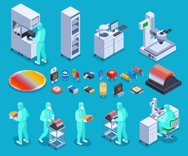 Semicondoctor production icons set with technology and science symbols isometric isolated 