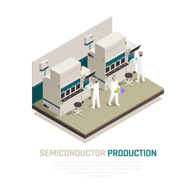 Free Vector semiconductor chip production isometric composition with electronic silicon chip factory machinery facilities and human workers vector illustration