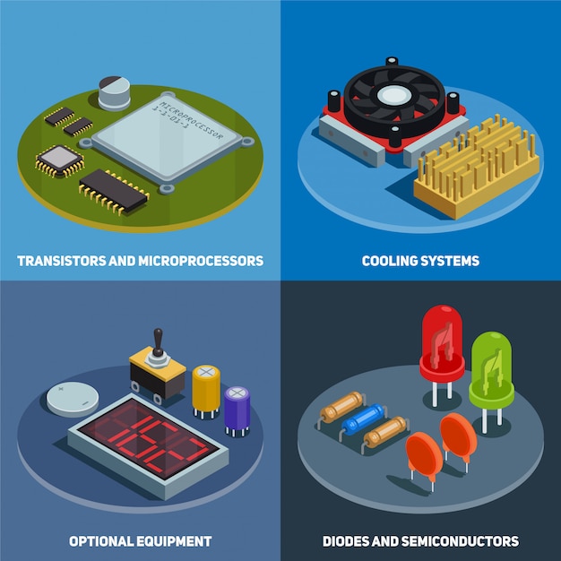 Semiconductor concept set of transistors microprocessors diodes and cooling systems square compositions isometric