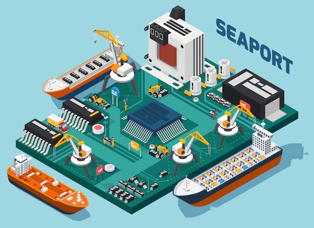 Semiconductor Electronic Components Isometric Seaport Composition