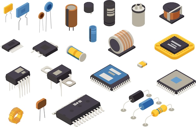 Free Vector semiconductor element production icons set with technology symbols isometric isolated vector illustration