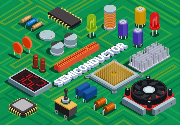 Free vector semiconductor isometric illustration imitated printed circuit board with different electronic components of electric scheme