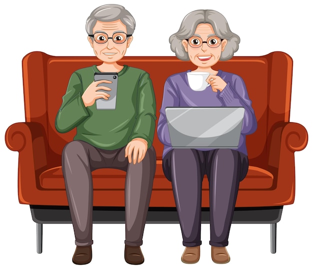 Free vector a senior couple cartoon character sitting on couch