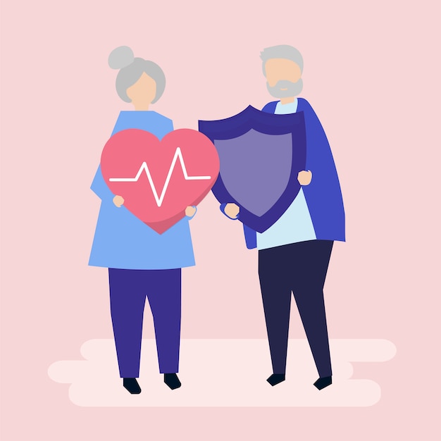 Free Vector senior couple holding health insurance icons