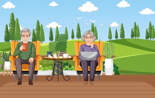 Free vector senior couple relaxing in nature scene