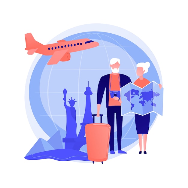 Free vector senior couple travelling, visiting foreign countries. elderly people going on trip to paris. retirement vacation, rectreation, tourism. vector isolated concept metaphor illustration