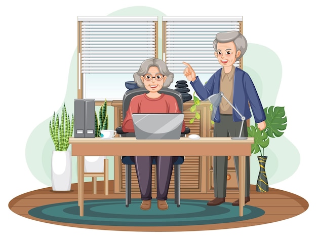 Free vector senior couple using laptop at home