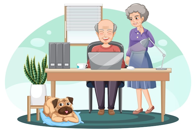 Free Vector senior couple using laptop at home