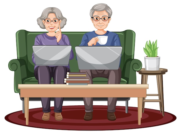 Senior couple using laptop at home