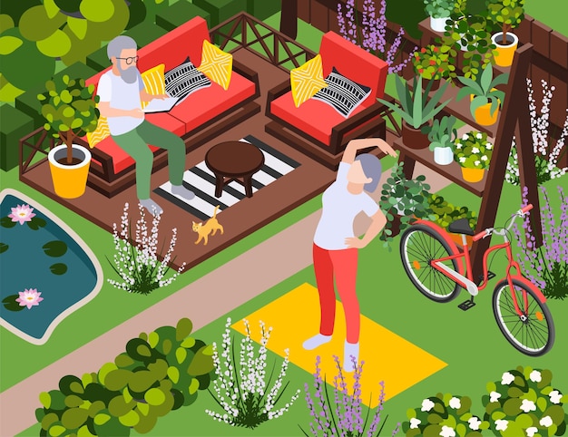 Free Vector senior healthcare healthy aging composition with outdoor backyard garden scenery and aged couple during leisure activities vector illustration