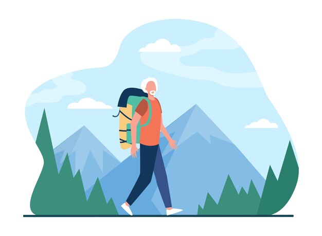 Senior man trekking in mountains. Grey haired male tourist with backpack flat illustration.