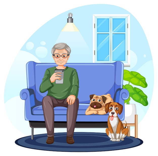 Free vector senior man using smartphone at home