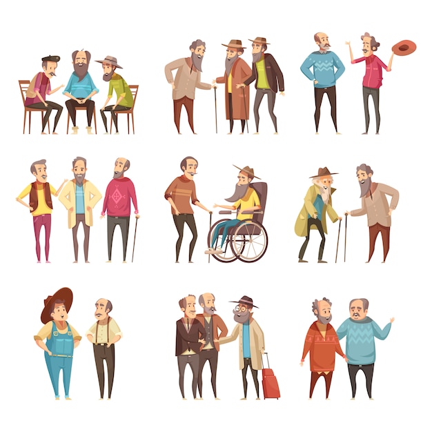 Free Vector senior men groups socialization activities retro cartoon icons collection with cane and in wheel chair vector illustration 