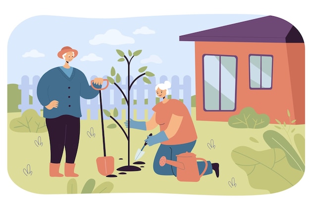 Senior people working in garden illustration