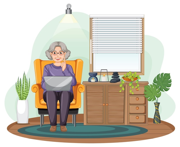 Free vector senior woman using laptop at home