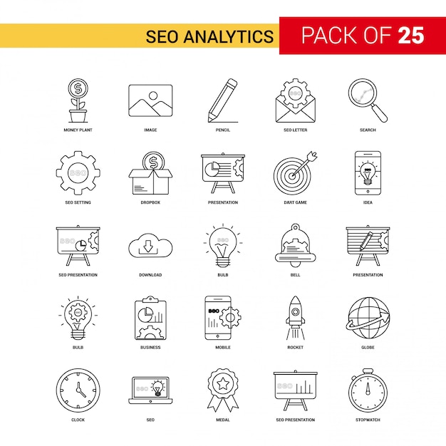 SEO Analytics Black Line Icon - 25 Business Outline Icon Set