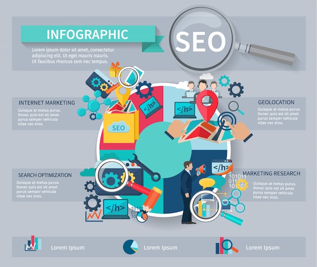 Seo marketing infographics set with internet search website search optimization symbols 