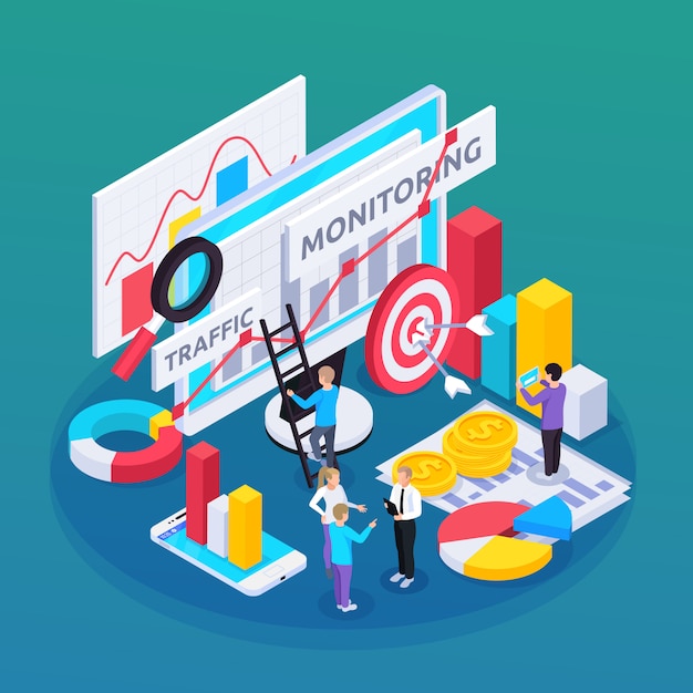 SEO monitoring isometric composition with idea and goal symbols 