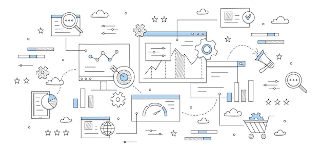 SEO optimization abstract business background with doodle icons. Diagram, magnifier, document, cogwheel and target with arrow, loudspeaker, gears, pc desktop and charts, line art vector concept