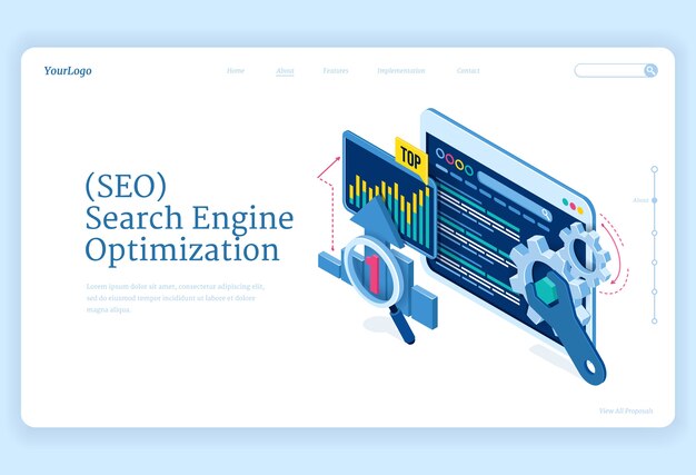 SEO search engine optimization isometric landing page. Technology for internet marketing and digital business content. Computer devices desktop with gears and analysis charts, 3d web banner