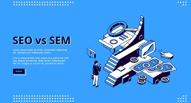 Free vector seo vs sem isometric landing, digital marketing