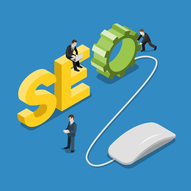 Free vector seo word mouse and content manager people on it flat isometric concept