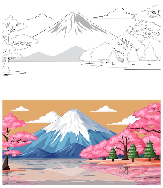 Serene Mountain Landscape with Cherry Blossoms