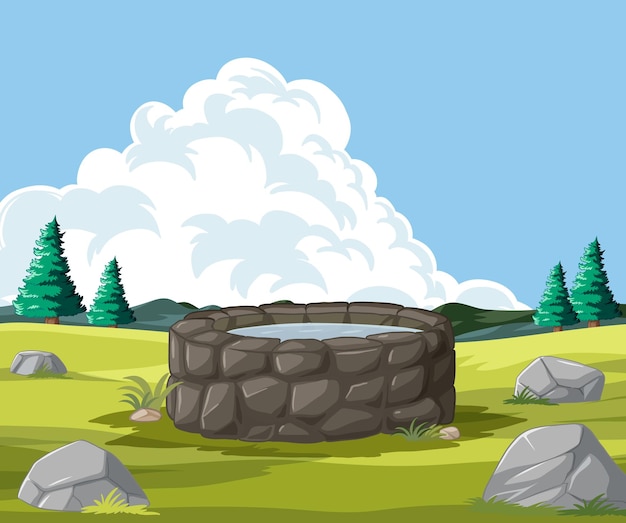 Free Vector serene stone well in pastoral landscape