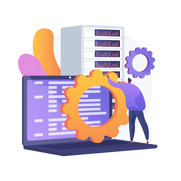 Server maintenance service. Information transfer, hardware settings. Network server idea. Hosting technology, database storage, programming equipment. Vector isolated concept metaphor illustration