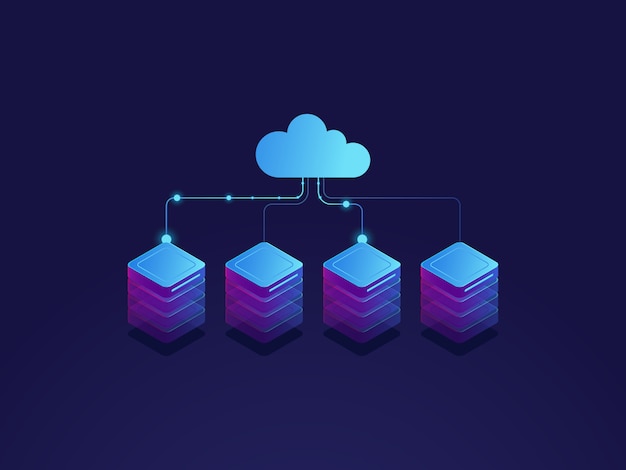 Server room, cloud storage icon, datacenter and database concept, data exchange process