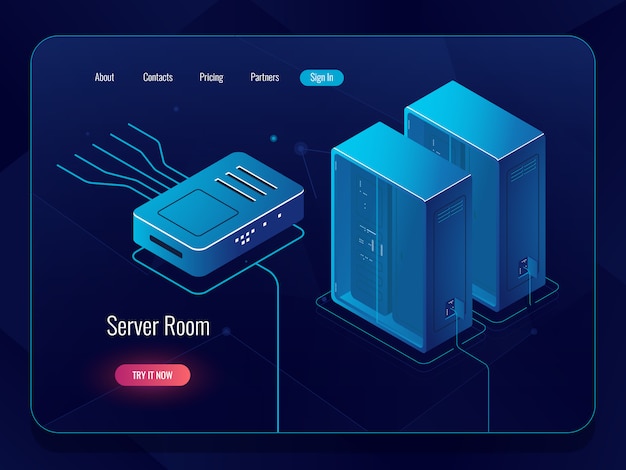 Server room, datacenter and database isometric icon, networking and internet communications